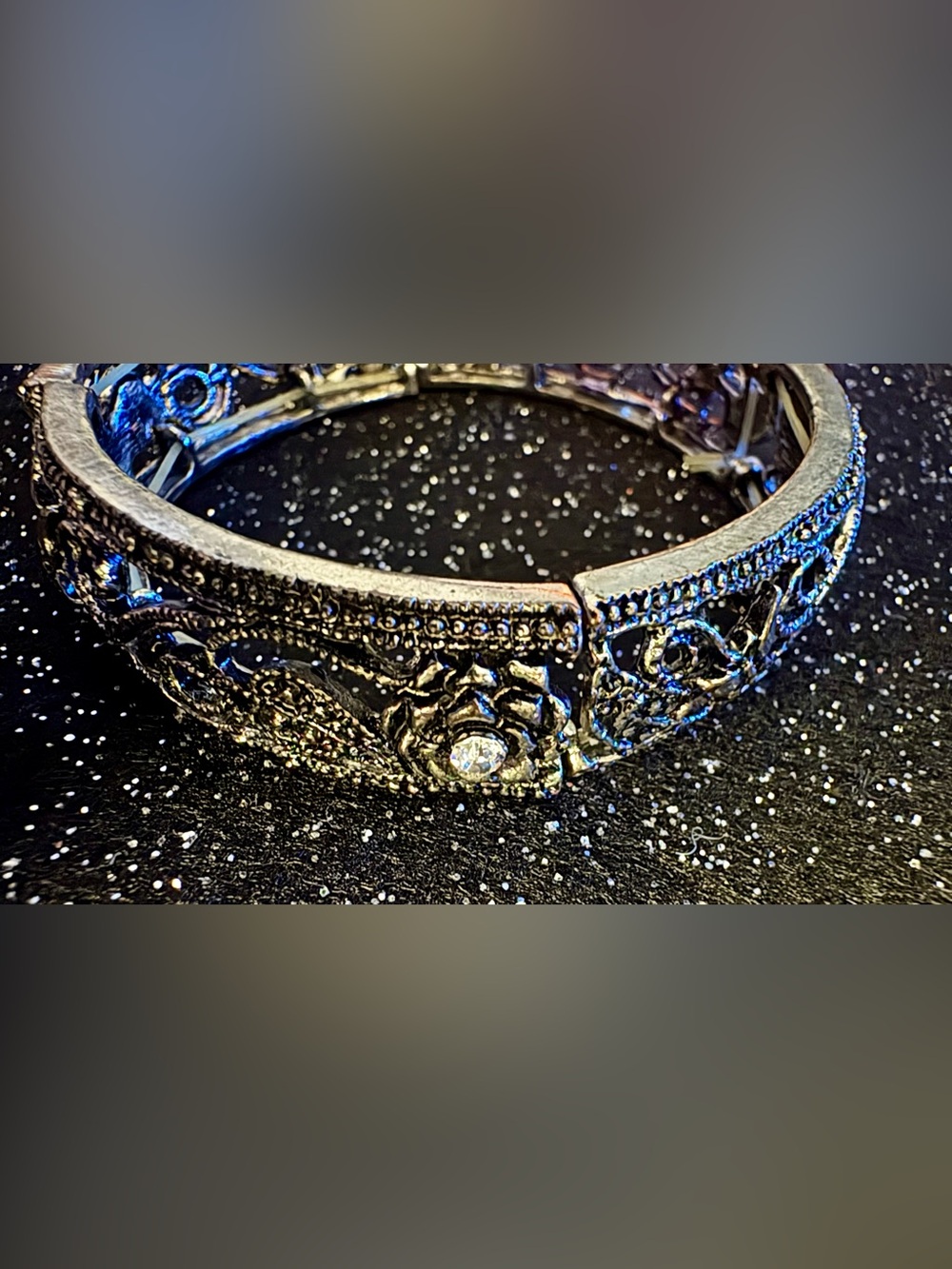 Ornate Floral Crystal Accent Bracelet - Silver Tone